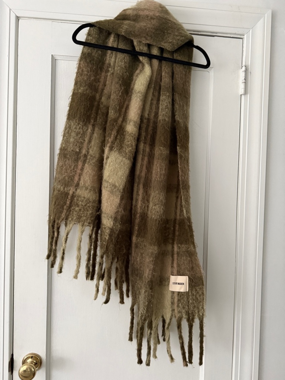 Steve Madden Oversized Blanket Scarf- Olive Plaid Fringe
